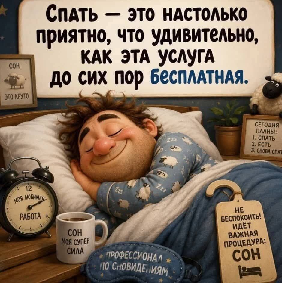 Спать — это настолько приятно, что удивительно, как эта услуга до сих пор бесплатная. СОН. ЭТО КРУТО. СЕГОДНЯ ПЛАНЫ: 1. СПАТЬ 2. ЕСТЬ 3. СНОВА СПАТЬ. МОЯ ЛЮБИМАЯ РАБОТА. СОН МОЯ СУПЕР СИЛА. ПРОФЕССИОНАЛ ПО СНОВИДЕНИЯМ. НЕ БЕСПОКОИТЬ! ИДЁТ ВАЖНАЯ ПРОЦЕДУРА: СОН