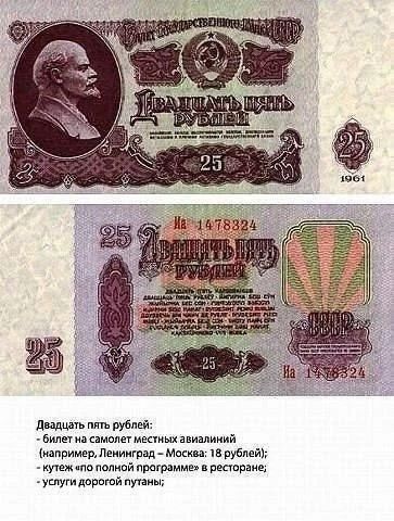 Двадцать пять рублей СССР 1961 На 1478324 Двадцать пять рублей: - билет на самолет местных авиалиний (например, Ленинград - Москва: 18 рублей); - кутеж «по полной программе» в ресторане; - услуги дорогой путаны;