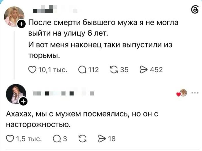 После смерти бывшего мужа я не могла выйти на улицу 6 лет. И вот меня наконец таки выпустили из тюрьмы. Ахахах, мы с мужем посмеялись, но он с насторожностью.