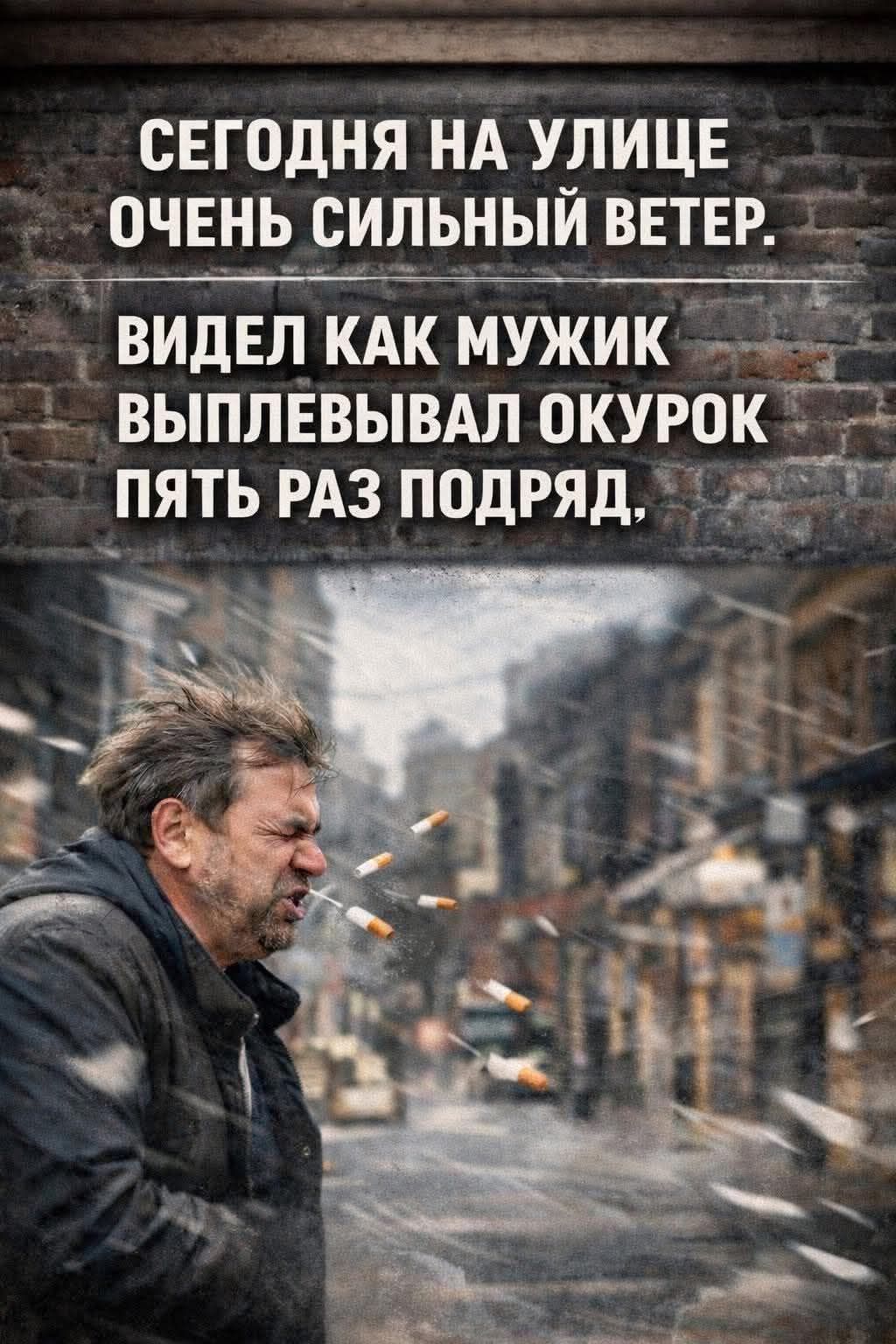 СЕГОДНЯ НА УЛИЦЕ ОЧЕНЬ СИЛЬНЫЙ ВЕТЕР. ВИДЕЛ КАК МУЖИК ВЫПЛЕВЫВАЛ ОКУРОК ПЯТЬ РАЗ ПОДРЯД,