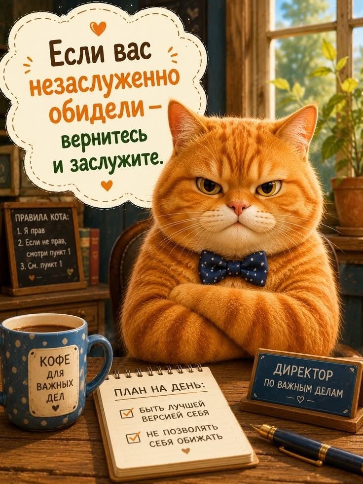 Если вас незаслуженно обидели — вернитесь и заслужите. ПРАВИЛА КОТА: 1. Я прав 2. Если не прав, смотри пункт 1 3. См. пункт 1 КОФЕ ДЛЯ ВАЖНЫХ ДЕЛ ПЛАН НА ДЕНЬ: БЫТЬ ЛУЧШЕЙ ВЕРСИЕЙ СЕБЯ НЕ ПОЗВОЛЯТЬ СЕБЯ ОБИЖАТЬ ДИРЕКТОР ПО ВАЖНЫМ ДЕЛАМ