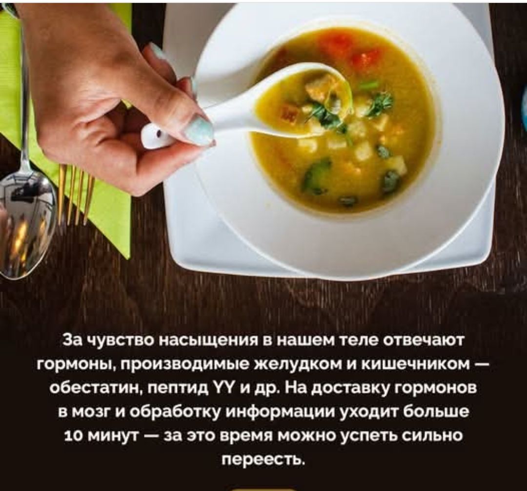 За чувство насыщения в нашем теле отвечают гормоны, производимые желудком и кишечником — обестатин, пептид YY и др. На доставку гормонов в мозг и обработку информации уходит больше 10 минут — за это время можно успеть сильно переесть.