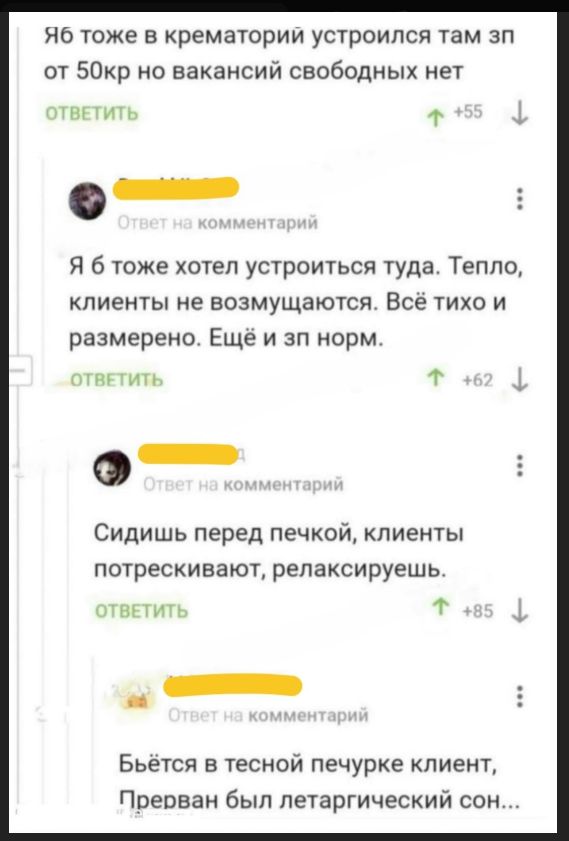 Я бы тоже в крематорий устроился, там зарплата от 50 тысяч рублей, но вакансий свободных нет. Ответ на комментарий: Я бы тоже хотел устроиться туда. Тепло, клиенты не возмущаются. Всё тихо и размеренно. Ещё и зарплата нормальная. Ответ на комментарий: Сидишь перед печкой, клиенты потрескивают, релаксируешь. Ответ на комментарий: Бьётся в тесной