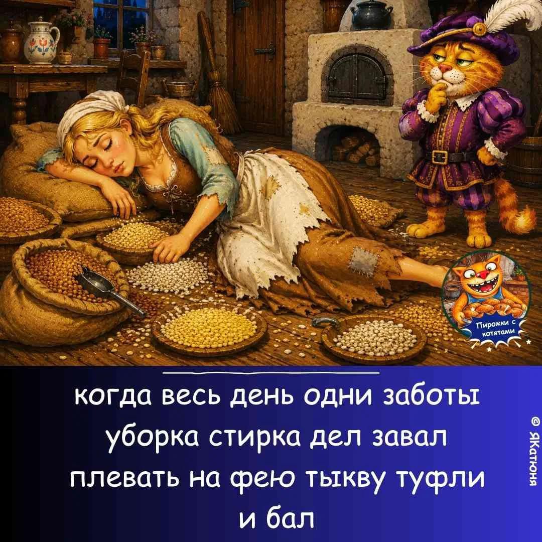 когда весь день одни заботы уборка стирка дел завал плевать на фею тыкву туфли и бал Пирожки с котятами © ЯКатюня