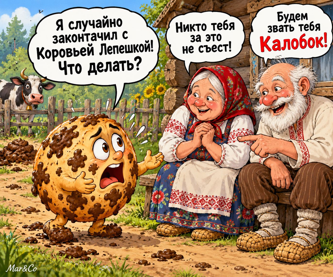 Я случайно закончил с Коровьей Лепешкой! Что делать? Никто тебя за это не съест! Будем звать тебя Калобок!