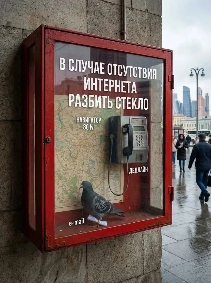 На красном ящике с надписью «В СЛУЧАЕ ОТСУТСТВИЯ ИНТЕРНЕТА РАЗБИТЬ СТЕКЛО» внутри находится старый таксофон, карта города, голубь с запиской, подписанной «e-mail», и надписи «НАВИГАТОР 80 lvl» и «ДЕДЛАЙН».