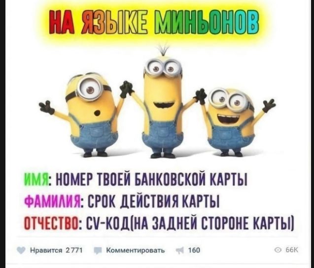 НА ЯЗЫКЕ МИНЬОНОВ
ИМЯ: НОМЕР ТВОЕЙ БАНКОВСКОЙ КАРТЫ
ФАМИЛИЯ: СРОК ДЕЙСТВИЯ КАРТЫ
ОТЧЕСТВО: CV-КОД(НА ЗАДНЕЙ СТОРОНЕ КАРТЫ)