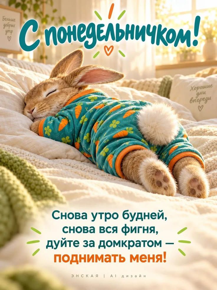 С понедельничком! Больше добрых утр. Хорошие дни впереди. Снова утро будней, снова вся фигня, дуйте за домкратом — поднимать меня! энская | ai дизайн