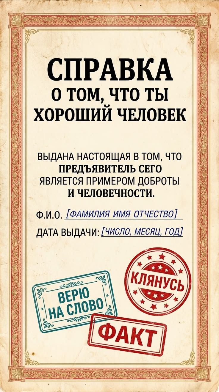 СПРАВКА О ТОМ, ЧТО ТЫ ХОРОШИЙ ЧЕЛОВЕК ВЫДАНА НАСТОЯЩАЯ В ТОМ, ЧТО ПРЕДЪЯВИТЕЛЬ СЕГО ЯВЛЯЕТСЯ ПРИМЕРОМ ДОБРОТЫ И ЧЕЛОВЕЧНОСТИ. Ф.И.О. [ФАМИЛИЯ ИМЯ ОТЧЕСТВО] ДАТА ВЫДАЧИ: [ЧИСЛО, МЕСЯЦ, ГОД] ВЕРЮ НА СЛОВО КЛЯНУСЬ ФАКТ