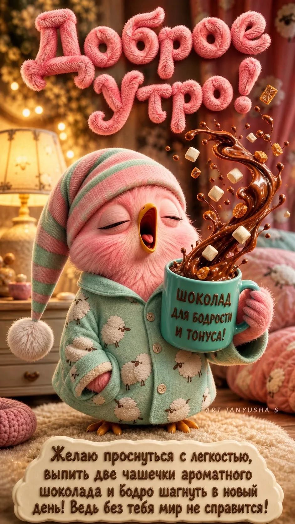 Доброе утро! ШОКОЛАД ДЛЯ БОДРОСТИ И ТОНУСА! Желаю проснуться с легкостью, выпить две чашечки ароматного шоколада и бодро шагнуть в новый день! Ведь без тебя мир не справится! ART TANYUSHA S