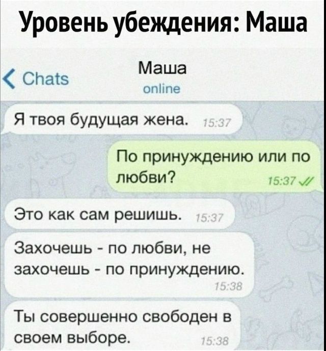 Уровень убеждения: Маша
Маша online
Я твоя будущая жена. 15:37
По принуждению или по любви? 15:37 ✓✓
Это как сам решишь. 15:37
Захочешь - по любви, не захочешь - по принуждению. 15:38
Ты совершенно свободен в своем выборе. 15:38
