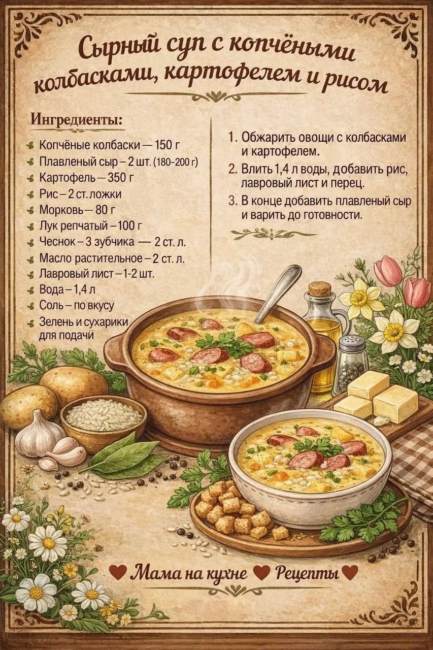 Сырный суп с копчёными колбасками, картофелем и рисом
Ингредиенты:
Копчёные колбаски — 150 г
Плавленый сыр — 2 шт. (180-200 г)
Картофель — 350 г
Рис — 2 ст. ложки
Морковь — 80 г
Лук репчатый — 100 г
Чеснок — 3 зубчика — 2 ст. л.
Масло растительное — 2 ст. л.
Лавровый лист — 1-2 шт.
Вода — 1,4 л
Соль — по вкусу
Зелень и сухарики для подачи

1.
