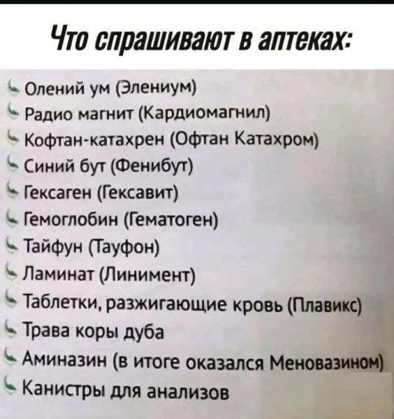 Что спрашивают в аптеках: Олений ум (Элениум), Радио магнит (Кардиомагнил), Кофтан-катахрен (Офтан Катахром), Синий бут (Фенибут), Гексаген (Гексавит), Гемоглобин (Гематоген), Тайфун (Тауфон), Ламинат (Линимент), Таблетки, разжигающие кровь (Плавикс), Трава коры дуба, Аминазин (в итоге оказался Меновазином), Канистры для анализов