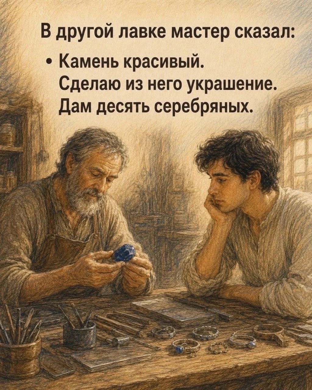 В другой лавке мастер сказал: Камень красивый. Сделаю из него украшение. Дам десять серебряных.
