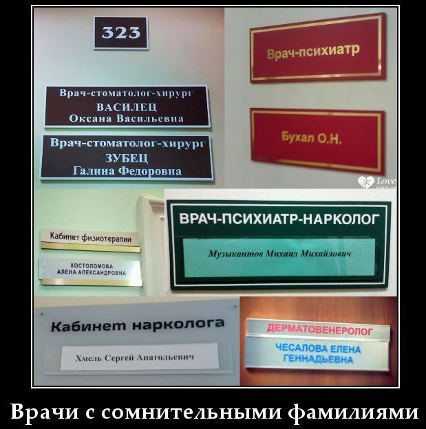 323 Врач-психиатр Врач-стоматолог-хирург ВАСИЛЕЦ Оксана Васильевна Врач-стоматолог-хирург ЗУБЕЦ Галина Федоровна Бухал О.Н. Кабинет физиотерапии КОСТОЛОМОВА АЛЕНА АЛЕКСАНДРОВНА ВРАЧ-ПСИХИАТР-НАРКОЛОГ Музыкантов Михаил Михайлович Кабинет нарколога Хмель Сергей Анатольевич ДЕРМАТОВЕНЕРОЛОГ ЧЕСАЛОВА ЕЛЕНА ГЕННАДЬЕВНА Врачи с сомнительными фамилиями
