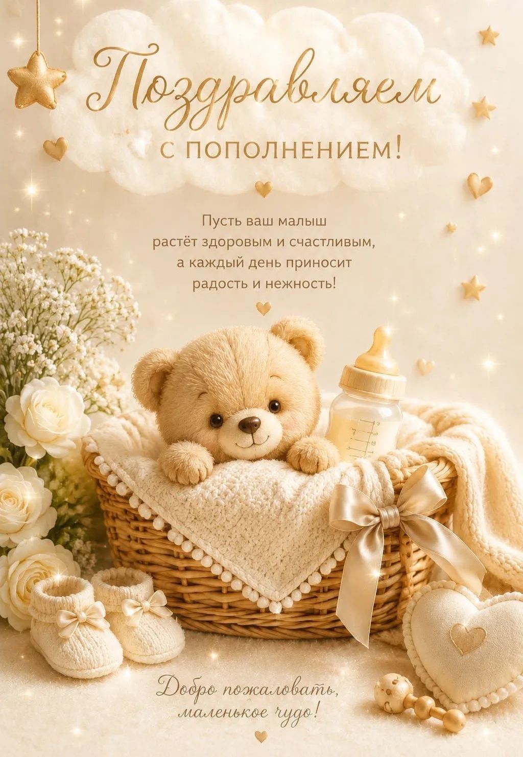 Поздравляем с пополнением! Пусть ваш малыш растёт здоровым и счастливым, а каждый день приносит радость и нежность! Добро пожаловать, маленькое чудо!