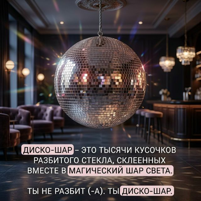 ДИСКО-ШАР – ЭТО ТЫСЯЧИ КУСОЧКОВ РАЗБИТОГО СТЕКЛА, СКЛЕЕННЫХ ВМЕСТЕ В МАГИЧЕСКИЙ ШАР СВЕТА. ТЫ НЕ РАЗБИТ (-А). ТЫ ДИСКО-ШАР.