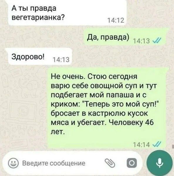 А ты правда вегетарианка? Да, правда) Здорово! Не очень. Стою сегодня варю себе овощной суп и тут подбегает мой папаша и с криком: 