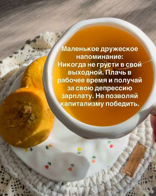 Маленькое дружеское напоминание: Никогда не грусти в свой выходной. Плачь в рабочее время и получай за свою депрессию зарплату. Не позволяй капитализму победить.