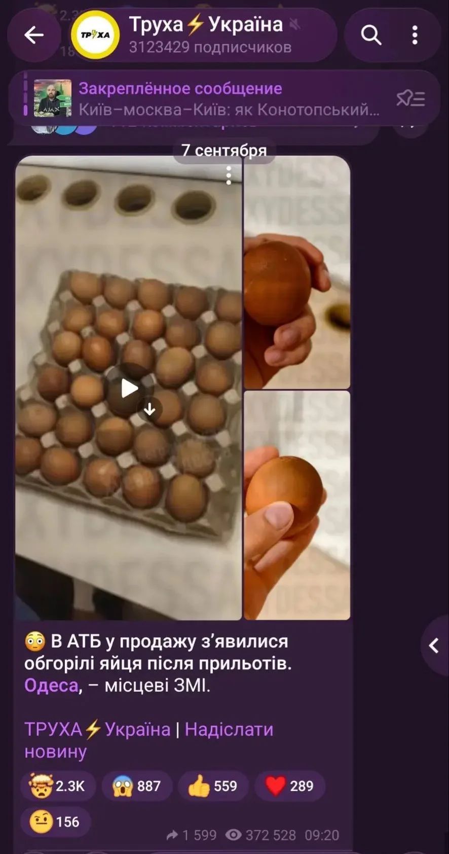 Труха Украина, 3123429 подписчиков. Закреплённое сообщение. 7 сентября. В АТБ у продажу з'явилися обгорілі яйця після прильотів. Одеса, - місцеві ЗМІ. ТРУХА Украина