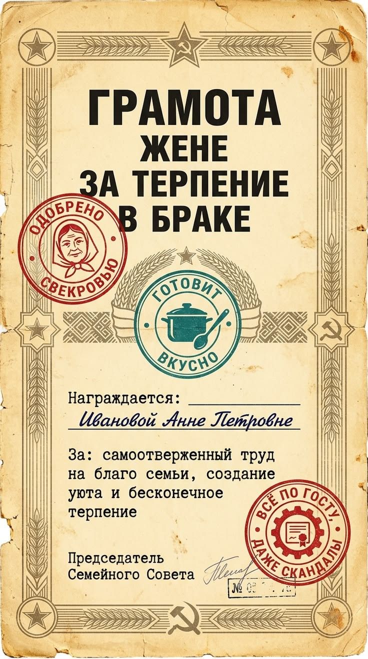 ГРАМОТА ЖЕНЕ ЗА ТЕРПЕНИЕ В БРАКЕ. Одобрено свекровью. Готовит вкусно. Награждается: Ивановой Анне Петровне. За: самоотверженный труд на благо семьи, создание уюта и бесконечное терпение. Все по ГОСТу, даже скандалы. Председатель Семейного Совета.