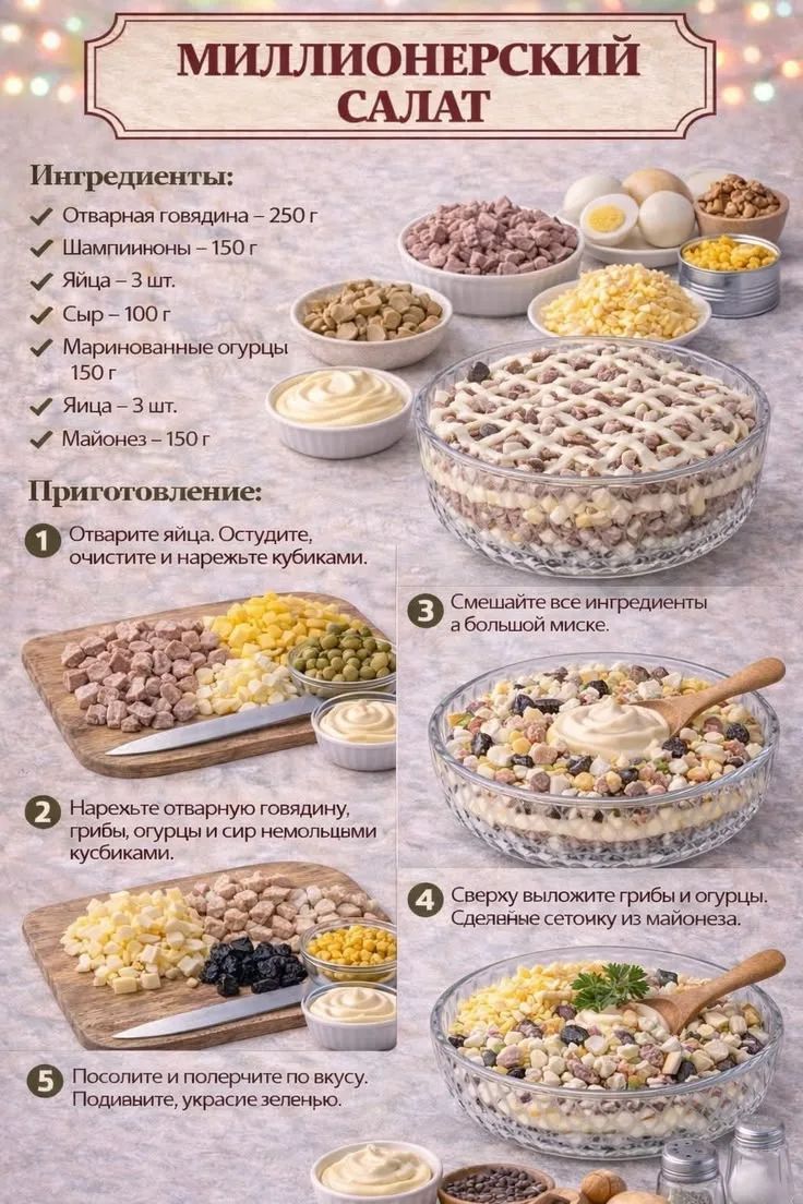 МИЛЛИОНЕРСКИЙ САЛАТ Ингредиенты: Отварная говядина – 250 г Шампиньоны – 150 г Яйца – 3 шт. Сыр – 100 г Маринованные огурцы 150 г Яйца – 3 шт. Майонез – 150 г Приготовление: 1 Отварите яйца. Остудите, очистите и нарежьте кубиками. 2 Нарежьте отварную говядину, грибы, огурцы и сыр немелькими кубиками. 3 Смешайте все ингредиенты в большой миске. 4