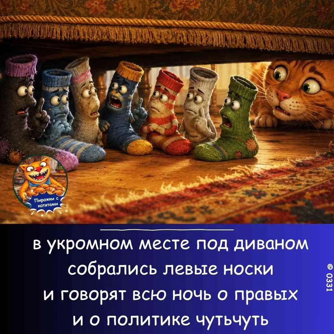 в укромном месте под диваном собрались левые носки и говорят всю ночь о правых и о политике чуть-чуть