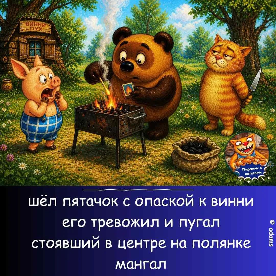 ВИННИ ПУХ Пирожки с котятами шёл пятачок с опаской к винни его тревожил и пугал стоявший в центре на полянке мангал