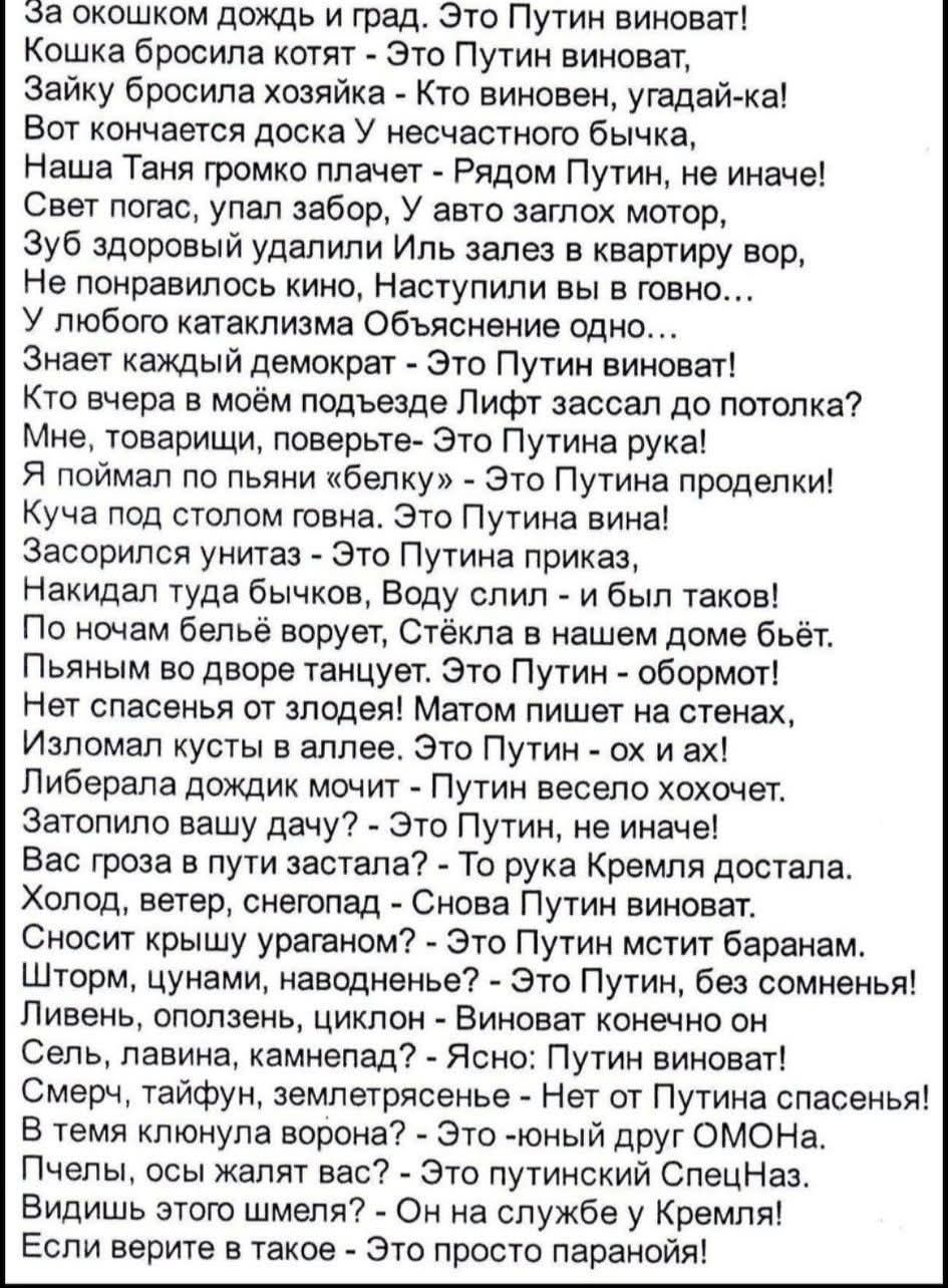 За окошком дождь и град. Это Путин виноват!
Кошка бросила котят - Это Путин виноват,
Зайку бросила хозяйка - Кто виновен, угадай-ка!
Вот кончается доска У несчастного бычка,
Наша Таня громко плачет - Рядом Путин, не иначе!
Свет погас, упал забор, У авто заглох мотор,
Зуб здоровый удалили Иль залез в квартиру вор,
Не понравилось кино, Наступили вы