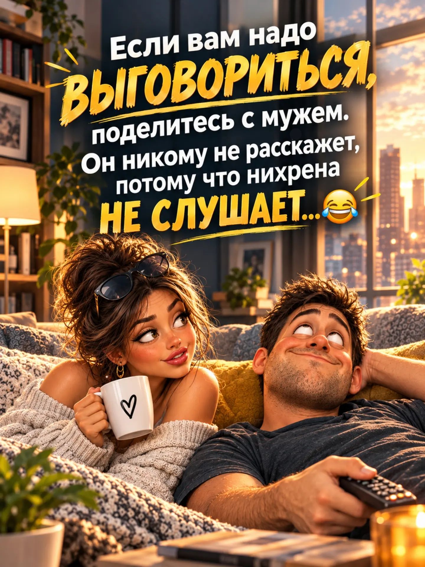 Если вам надо выговориться, поделитесь с мужем. Он никому не расскажет, потому что нихрена не слушает...