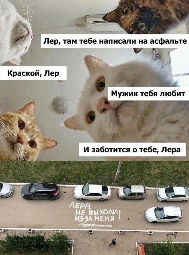 Лер, там тебе написали на асфальте. Краской, Лер. Мужик тебя любит. И заботится о тебе, Лера. Лера, не выходи из-за меня.