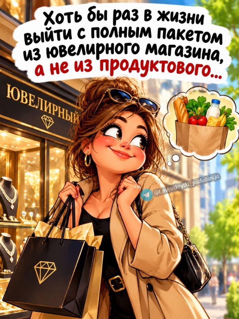 Хоть бы раз в жизни выйти с полным пакетом из ювелирного магазина, а не из продуктового...