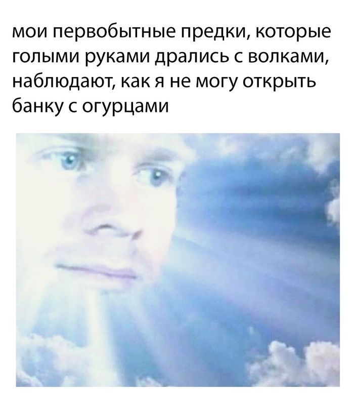мои первобытные предки, которые голыми руками дрались с волками, наблюдают, как я не могу открыть банку с огурцами