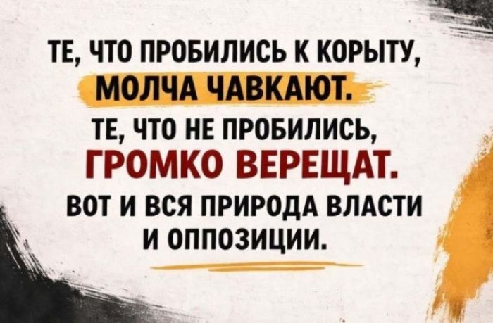 ТЕ, ЧТО ПРОБИЛИСЬ К КОРЫТУ, МОЛЧА ЧАВКАЮТ. ТЕ, ЧТО НЕ ПРОБИЛИСЬ, ГРОМКО ВЕРЕЩАТ. ВОТ И ВСЯ ПРИРОДА ВЛАСТИ И ОППОЗИЦИИ.