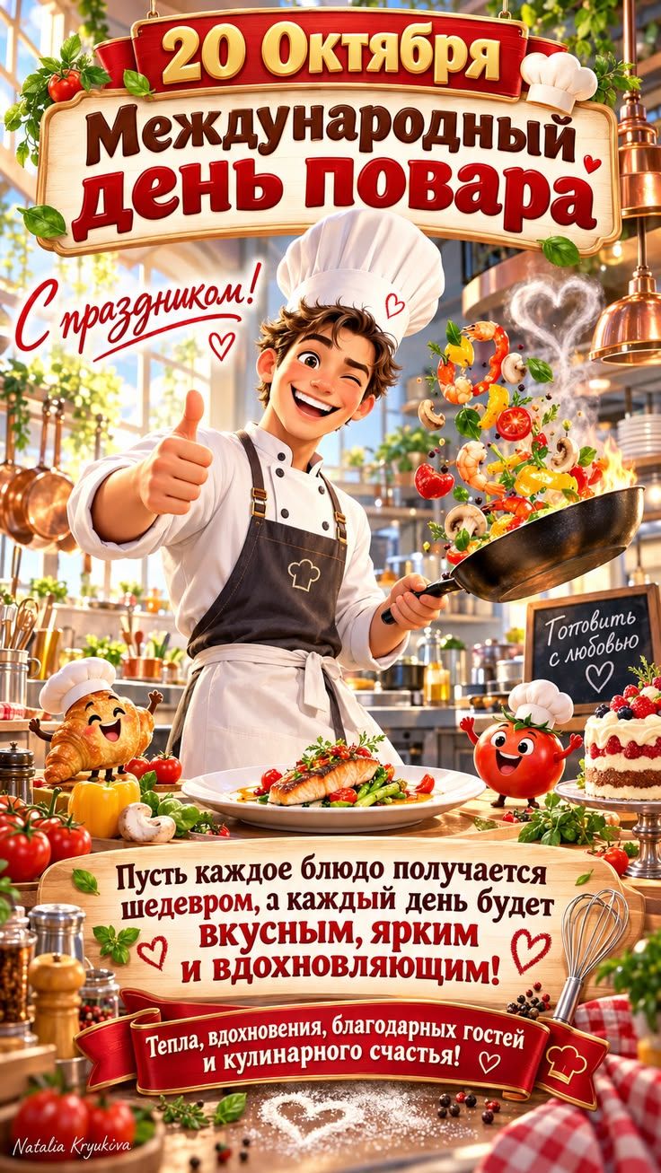 20 Октября Международный день повара С праздником! Готовить с любовью Пусть каждое блюдо получается шедевром, а каждый день будет вкусным, ярким и вдохновляющим! Тепла, вдохновения, благодарных гостей и кулинарного счастья! Natalia Kryukova