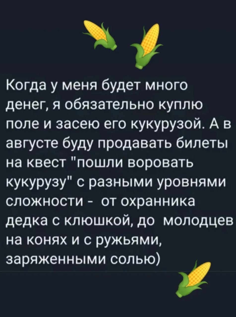 Когда у меня будет много денег, я обязательно куплю поле и засею его кукурузой. А в августе буду продавать билеты на квест 