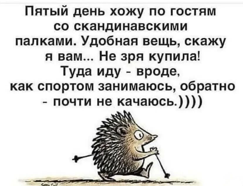 Пятый день хожу по гостям со скандинавскими палками. Удобная вещь, скажу я вам... Не зря купила! Туда иду - вроде, как спортом занимаюсь, обратно - почти не качаюсь.))))