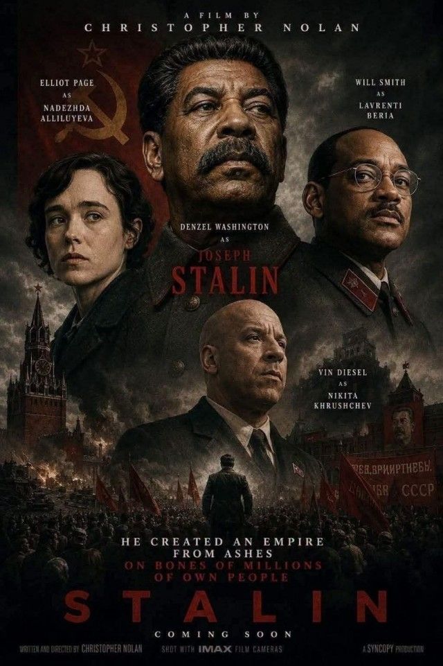 A FILM BY CHRISTOPHER NOLAN ELLIOT PAGE AS NADEZHDA ALLILUYEVA DENZEL WASHINGTON AS JOSEPH STALIN WILL SMITH AS LAVRENTI BERIA VIN DIESEL AS NIKITA KHRUSHCHEV HE CREATED AN EMPIRE FROM ASHES ON BONES OF MILLIONS OF OWN PEOPLE STALIN COMING SOON WRITTEN AND DIRECTED BY CHRISTOPHER NOLAN SHOT WITH IMAX FILM CAMERAS A SYNCOPY PRODUCTION