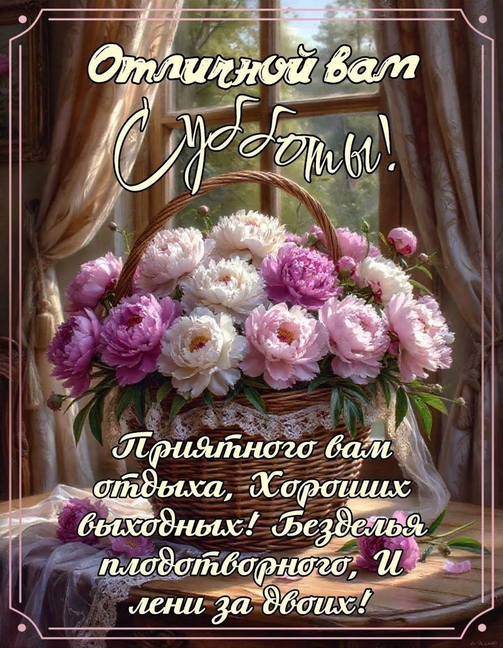Отличной вам субботы! Приятного вам отдыха, хороших выходных! Безделья плодотворного, и лени за двоих!