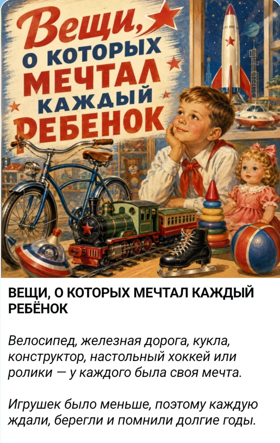 Вещи, о которых мечтал каждый ребенок. ВЕЩИ, О КОТОРЫХ МЕЧТАЛ КАЖДЫЙ РЕБЁНОК. Велосипед, железная дорога, кукла, конструктор, настольный хоккей или ролики — у каждого была своя мечта. Игрушек было меньше, поэтому каждую ждали, берегли и помнили долгие годы.