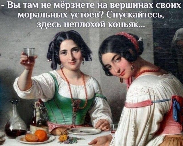 – Вы там не мёрзнете на вершинах своих моральных устоев? Спускайтесь, здесь неплохой коньяк...
