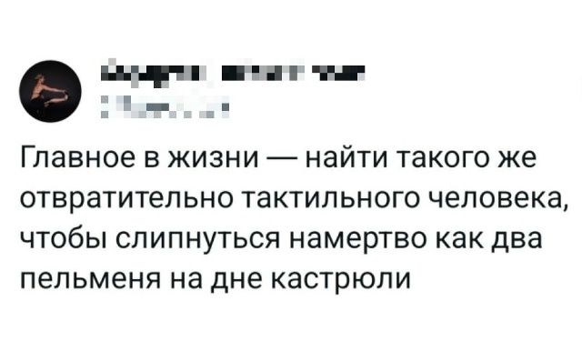 Главное в жизни — найти такого же отвратительно тактильного человека, чтобы слипнуться намертво как два пельменя на дне кастрюли