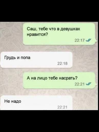 Саш, тебе что в девушках нравится? Грудь и попа. А на лицо тебе насрать? Не надо.
