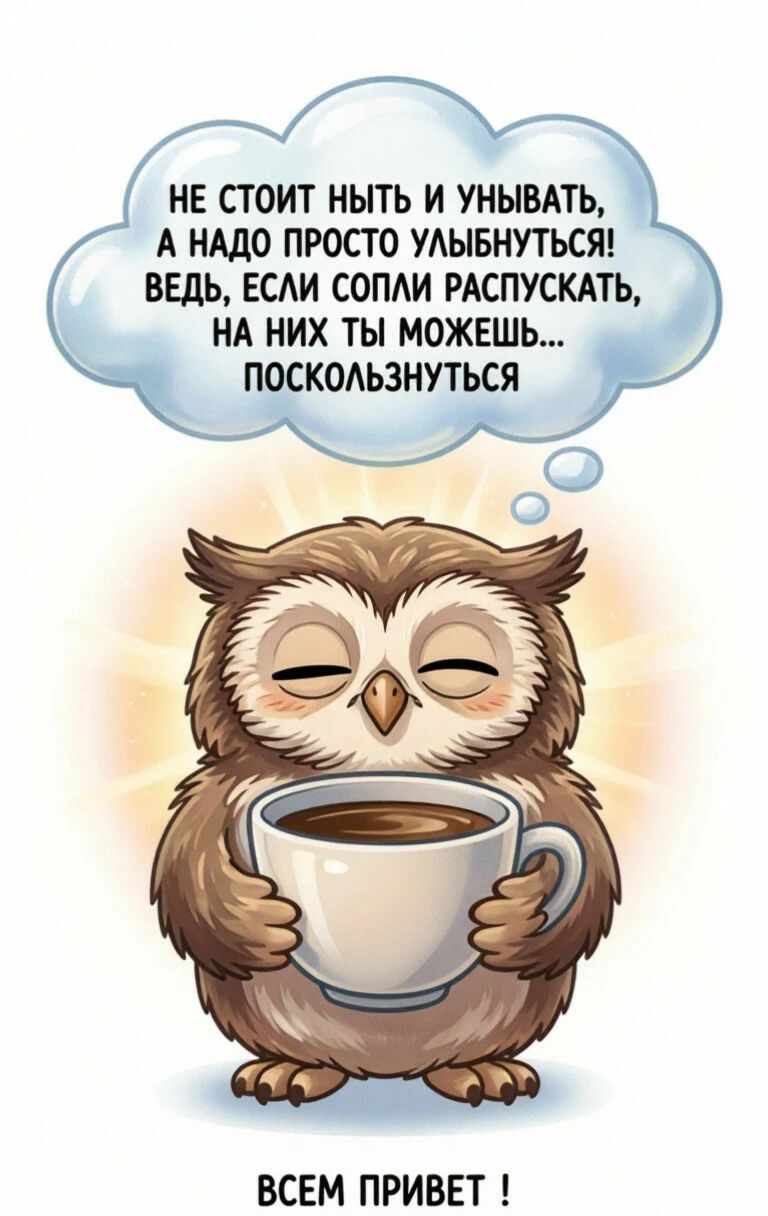 НЕ СТОИТ НЫТЬ И УНЫВАТЬ, А НАДО ПРОСТО УЛЫБНУТЬСЯ! ВЕДЬ, ЕСЛИ СОПЛИ РАСПУСКАТЬ, НА НИХ ТЫ МОЖЕШЬ... ПОСКОЛЬЗНУТЬСЯ ВСЕМ ПРИВЕТ !