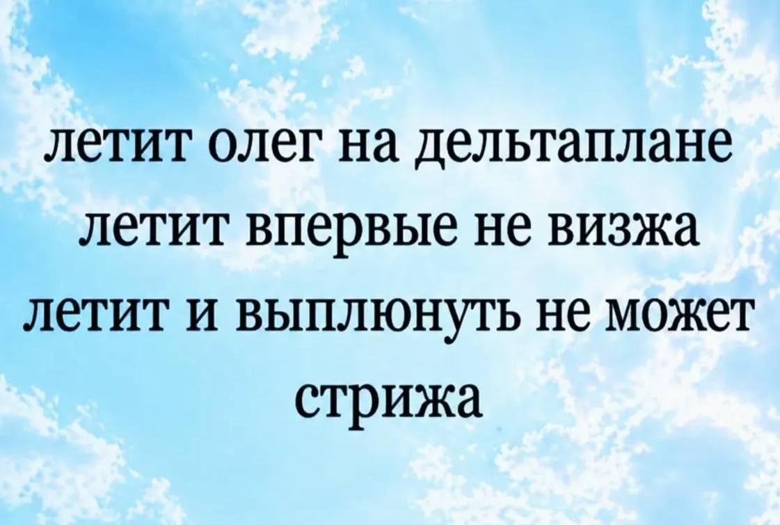 летит олег на дельтаплане летит впервые не визжа летит и выплюнуть не может стрижа