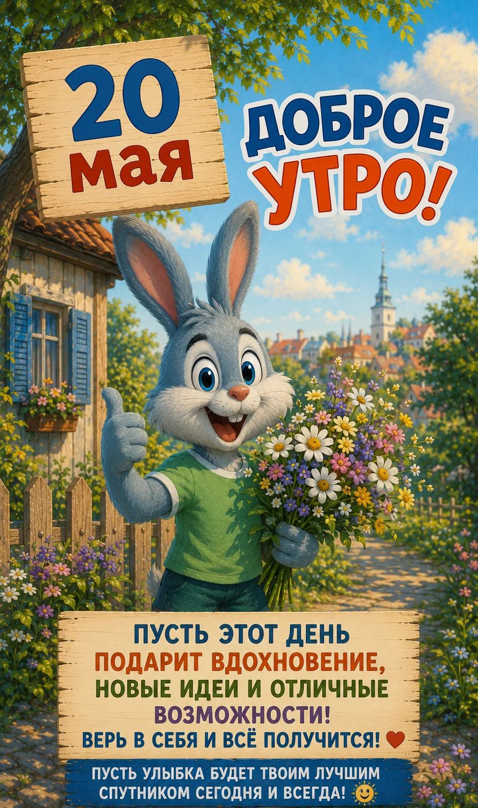 20 мая ДОБРОЕ УТРО! ПУСТЬ ЭТОТ ДЕНЬ ПОДАРИТ ВДОХНОВЕНИЕ, НОВЫЕ ИДЕИ И ОТЛИЧНЫЕ ВОЗМОЖНОСТИ! ВЕРЬ В СЕБЯ И ВСЁ ПОЛУЧИТСЯ! ❤️ ПУСТЬ УЛЫБКА БУДЕТ ТВОИМ ЛУЧШИМ СПУТНИКОМ СЕГОДНЯ И ВСЕГДА! 😊