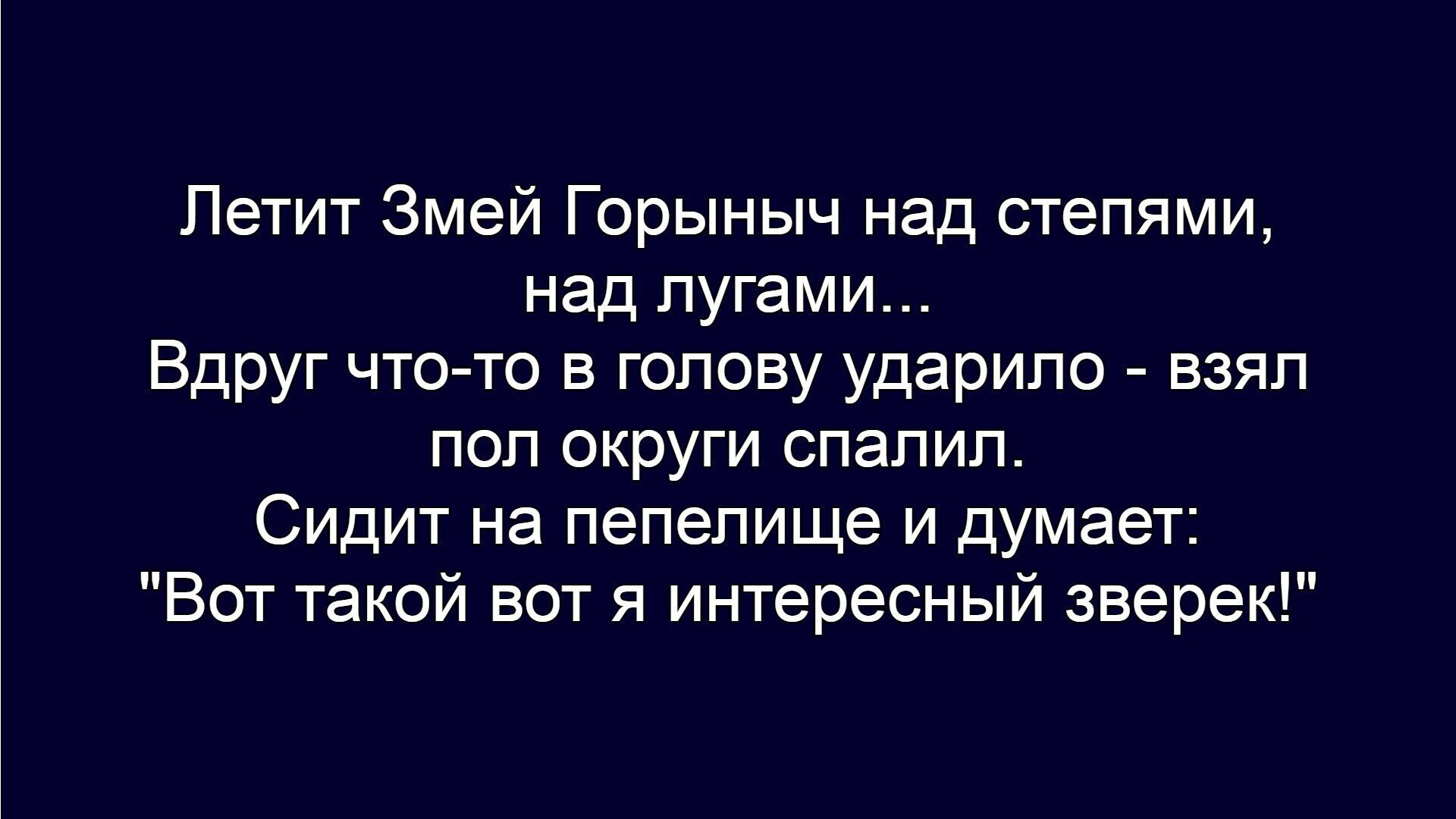 Летит Змей Горыныч над степями, над лугами...
Вдруг что-то в голову ударило - взял пол округи спалил.
Сидит на пепелище и думает:
