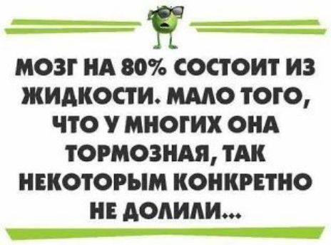 МОЗГ НА 80% СОСТОИТ ИЗ ЖИДКОСТИ. МАЛО ТОГО, ЧТО У МНОГИХ ОНА ТОРМОЗНАЯ, ТАК НЕКОТОРЫМ КОНКРЕТНО НЕ ДОЛИЛИ...