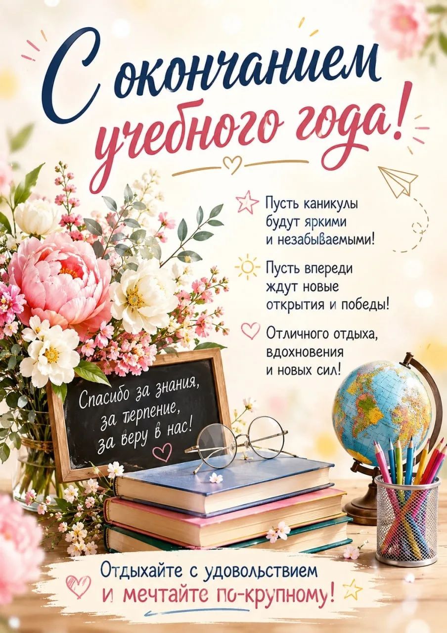 С окончанием учебного года! Пусть каникулы будут яркими и незабываемыми! Пусть впереди ждут новые открытия и победы! Отличного отдыха, вдохновения и новых сил! Спасибо за знания, за терпение, за веру в нас! Отдыхайте с удовольствием и мечтайте по-крупному!