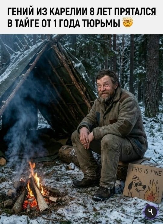 ГЕНИЙ ИЗ КАРЕЛИИ 8 ЛЕТ ПРЯТАЛСЯ В ТАЙГЕ ОТ 1 ГОДА ТЮРЬМЫ. На картинке также виден мем 'THIS IS FINE' с собакой, сидящей в горящей комнате.